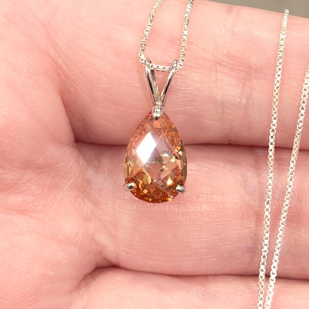 14K Citrine Teardrop Pendant, White Gold, Rose Pear Cut, Yellow Orange Cognac - Picture 4 of 16